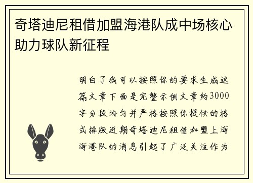奇塔迪尼租借加盟海港队成中场核心助力球队新征程